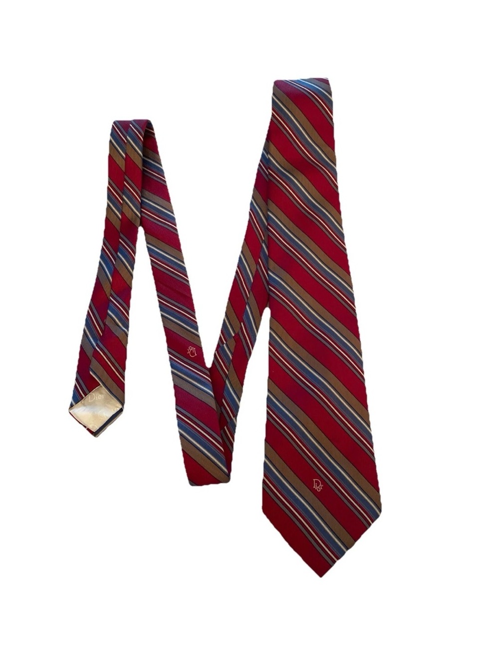 VTG Christian Dior Men’s Necktie Red White Blue Gray Stripe Logo Wording